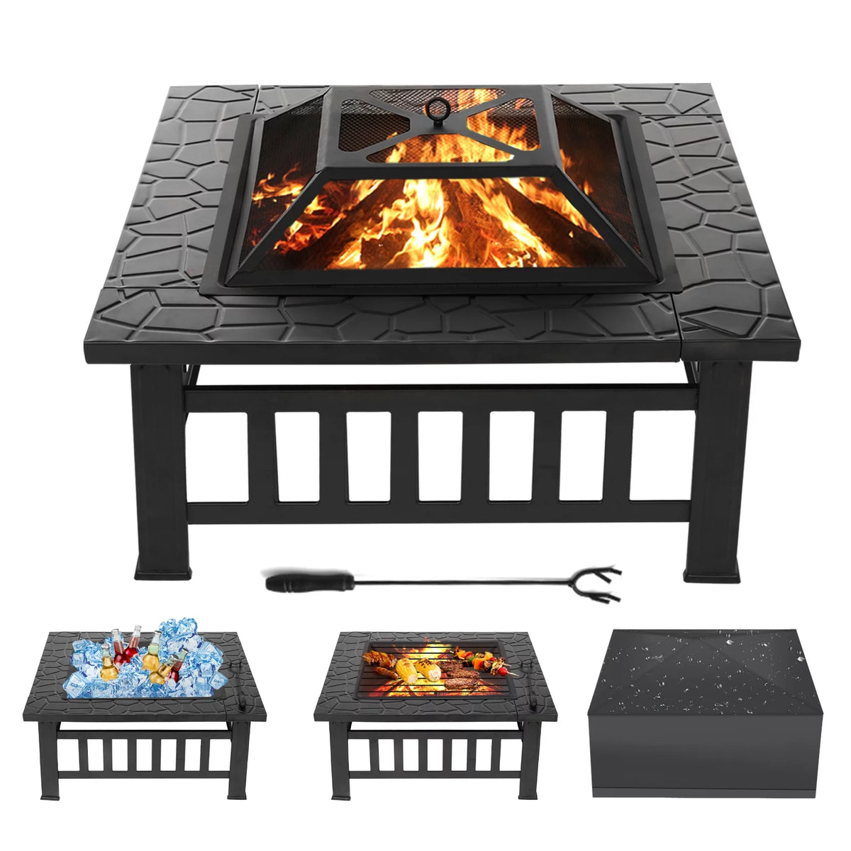 32 inch Square Metal Fire Pit Table with Cover D350