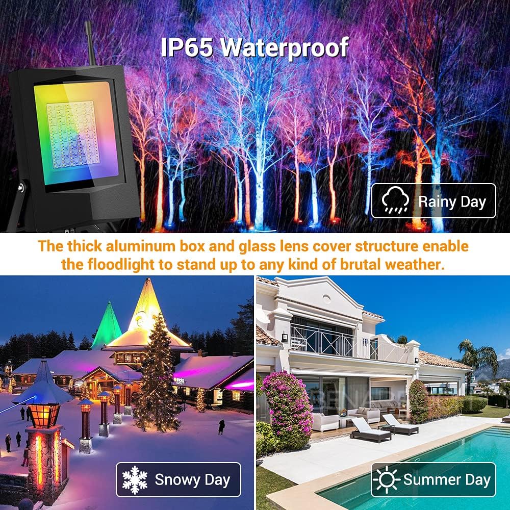 60W RGB LED Flood Lights 2 Pack, IP65 Bluetooth Mesh I81988
