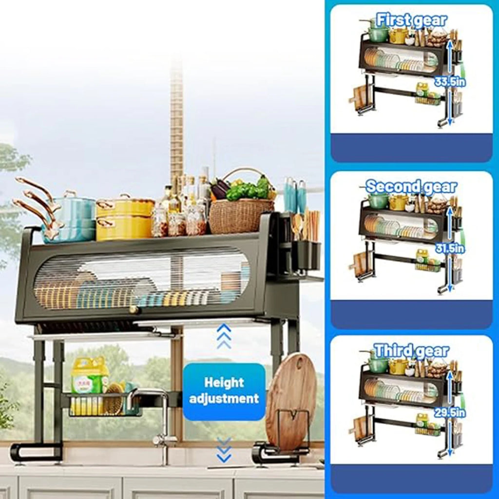 Adjustable 3 Tier Black Dish Drying Rack with Utensil Holder T8612