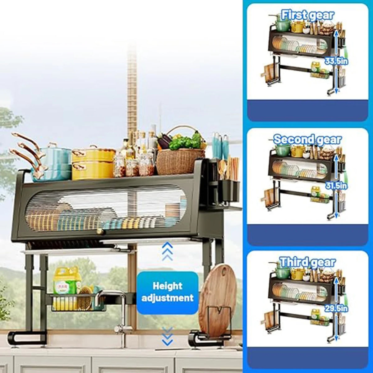 Adjustable 3 Tier Black Dish Drying Rack with Utensil Holder T8612