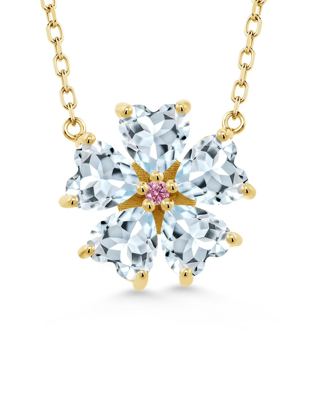 18K Yellow Gold Plated Silver Sky Blue Aquamarine and Pink Lab Grown Diamond Pendant Necklace C228334