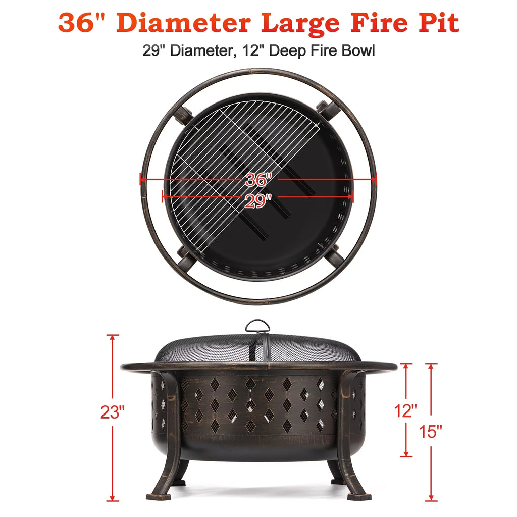 36 inch Wood Burning Fire Pit with Cooking Grill Grate U5218