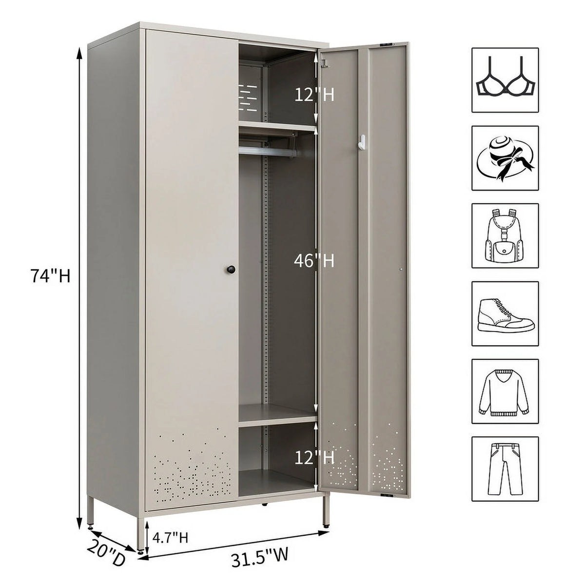 Gray Metal Storage Wardrobe Cabinet with Adjustable Hanging Rod K767
