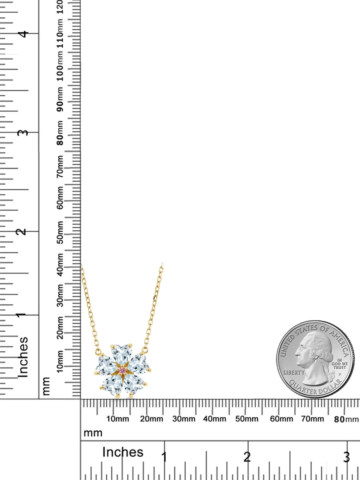 18K Yellow Gold Plated Silver Sky Blue Aquamarine and Pink Lab Grown Diamond Pendant Necklace C228334