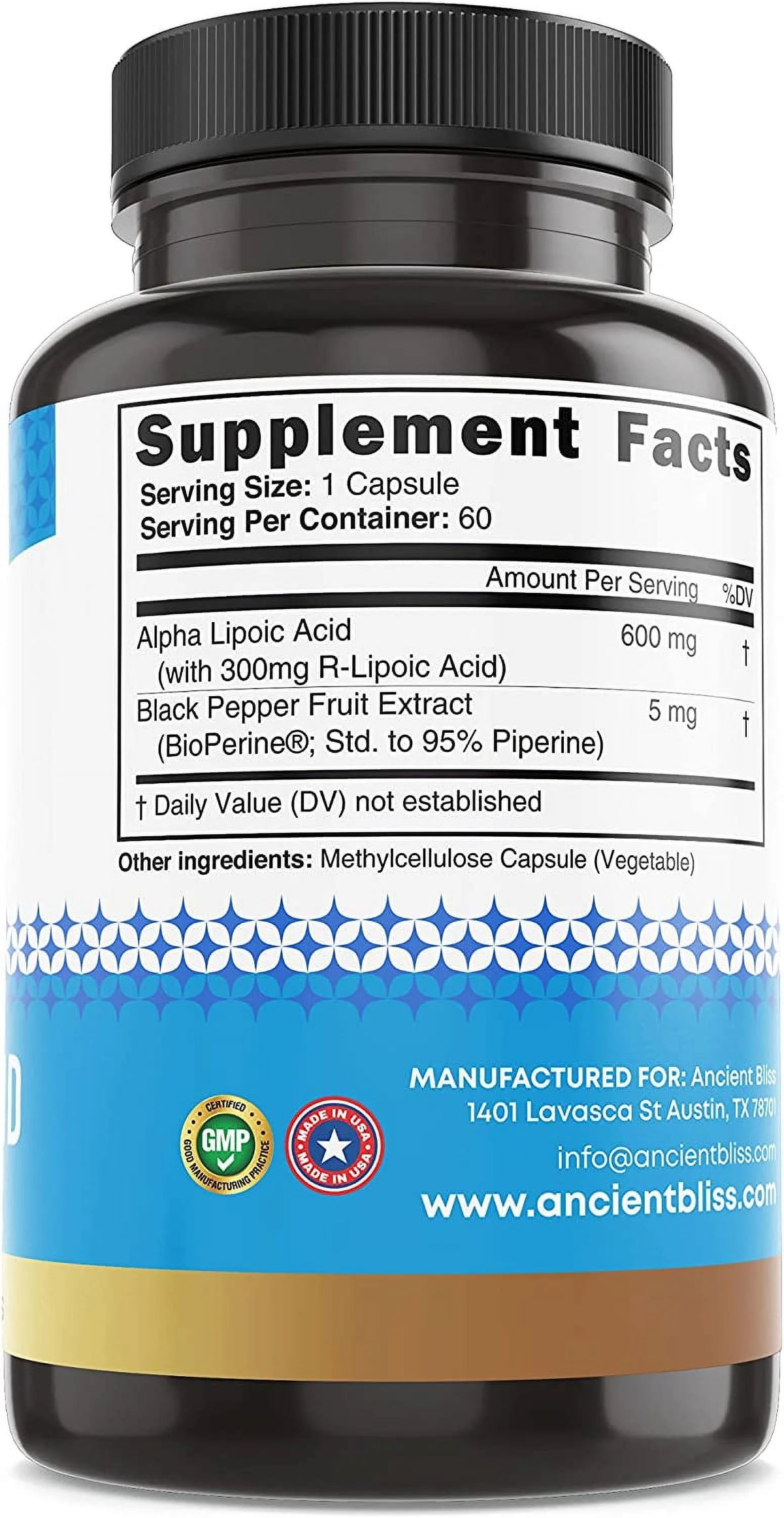 Alpha Lipoic Acid Supplement 600mg 60 Vegan Capsules B465108