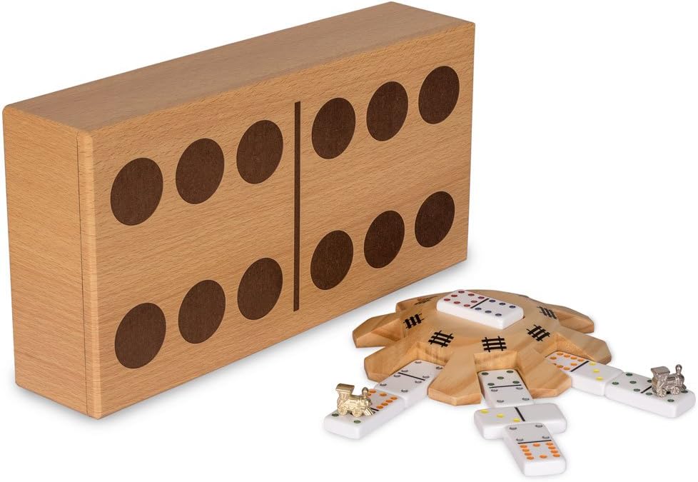 Mexican Train Complete Set with Double 12 Dominoes, Wooden Hub, Die Cast Train Markers, and Scorepad Y909