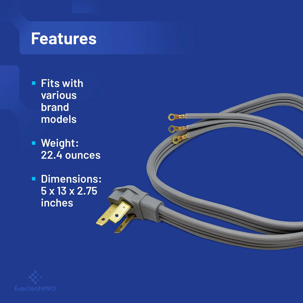 5ft 3 Prong Power Cord with Open End Range Connectors and 3 Copper Wires - 50 Amp Rated Power Cord - 60” Gray V438293