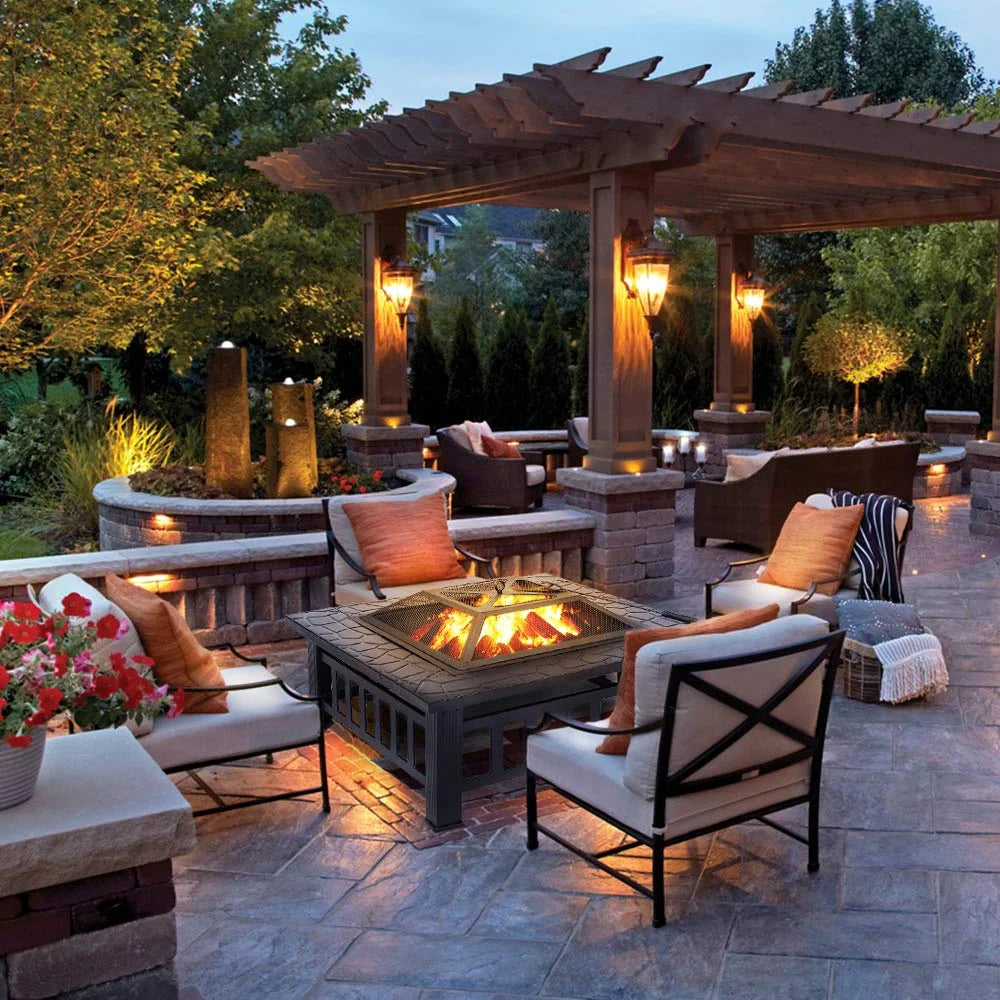 32 inch Square Metal Fire Pit Table with Cover D350