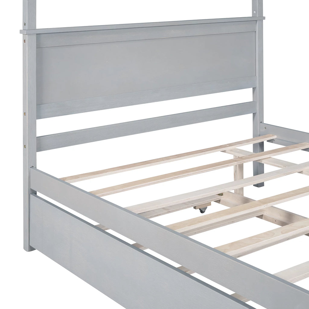 Gray Full Size Wood Canopy Bed with Trundle Bed T315
