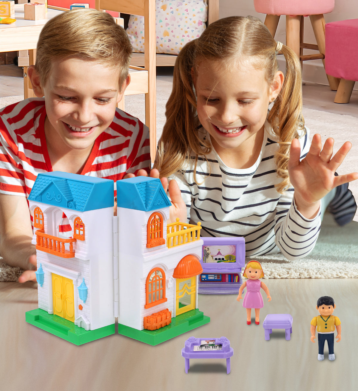 Mini Doll House Playset with 1 Pink House and 1 Blue House Set Z56387