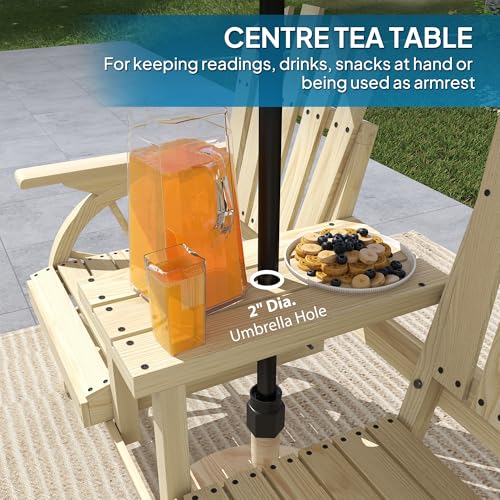 Wooden 2-Seat Garden Bench with Table and Umbrella Hole T2982