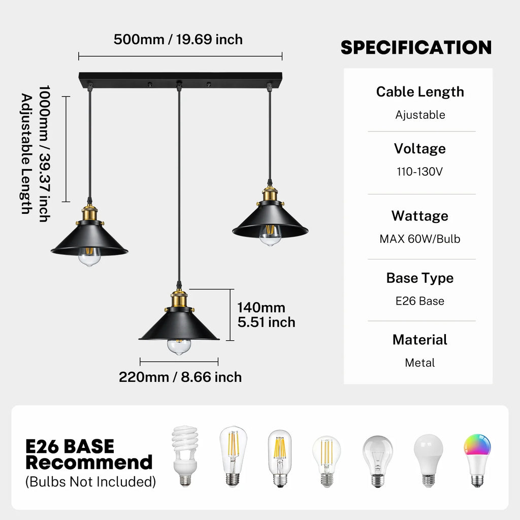 3-Light Black Metal Cage Pendant Light Fixture U186