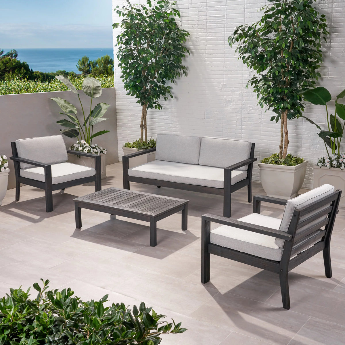 Light Gray Acacia Wood 4 Seater Chat Set with Cushions Q4831