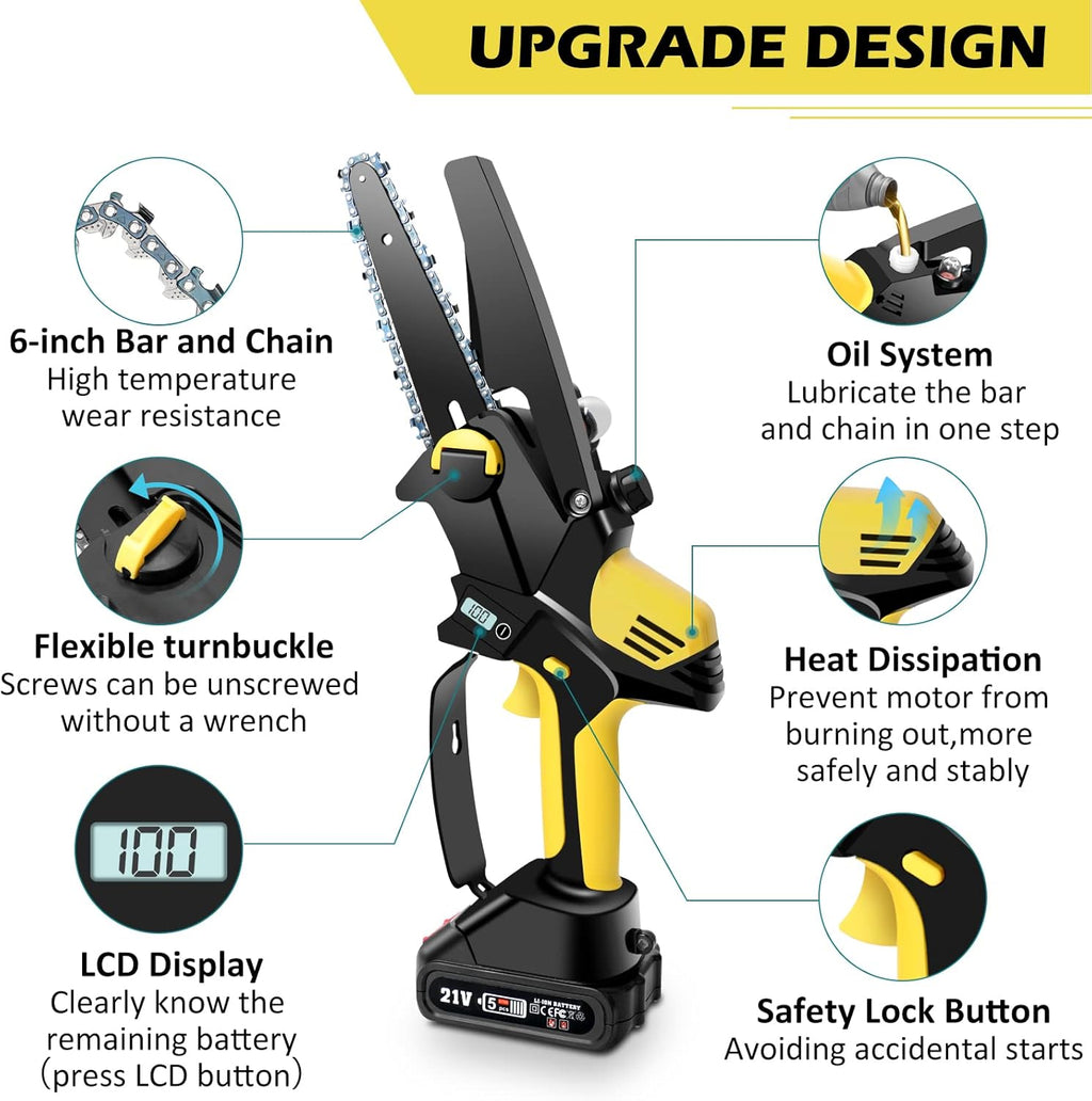 6 Inch Cordless Electric Chainsaw 21V 2.0Ah with Oil System and Safety Lock, Pack of 2 I9906