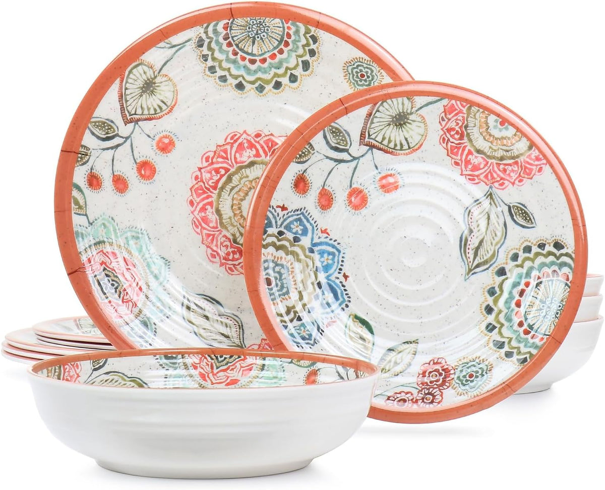 12 Piece Melamine Dinnerware Set, Multi Colored D83717
