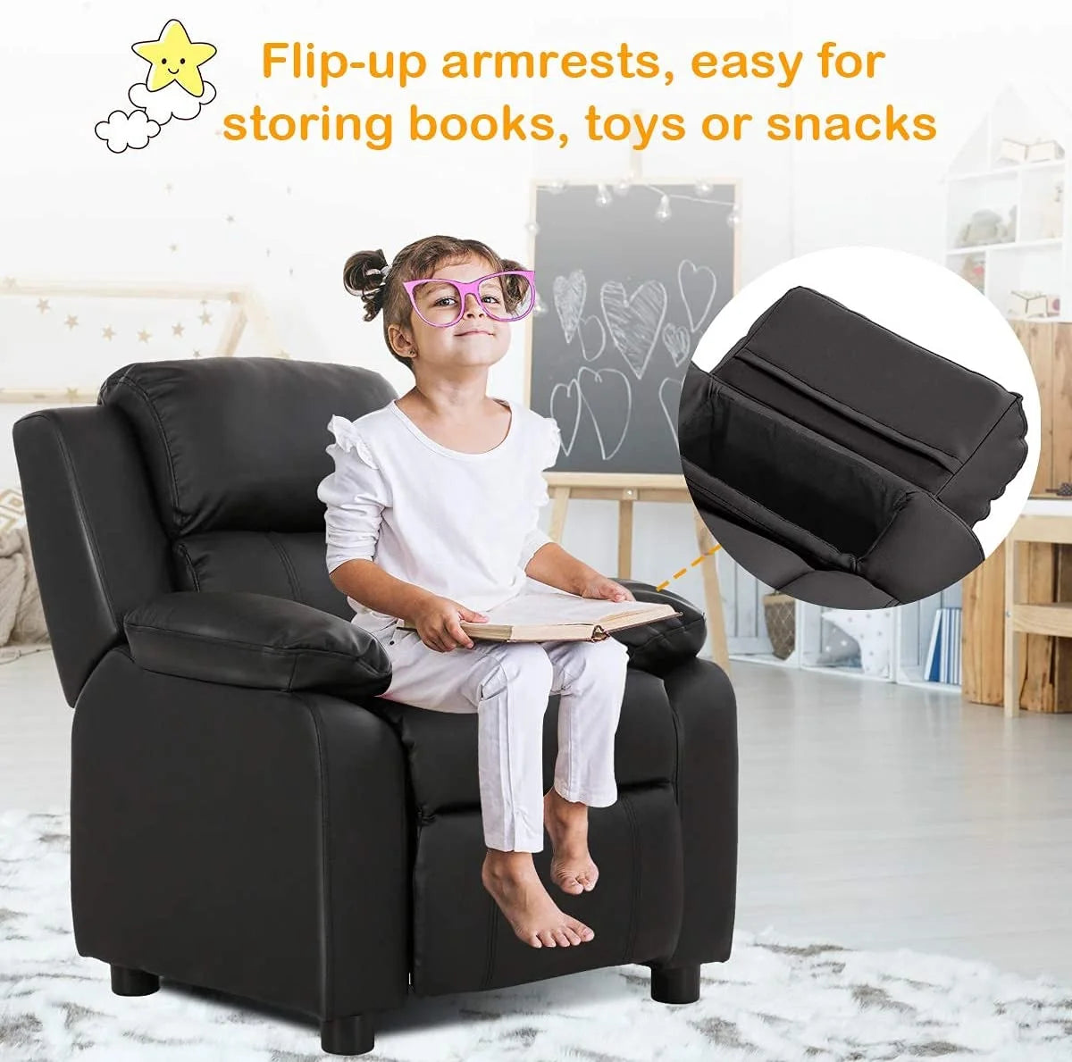 Black Kids Recliner with Footrest and Storage Q6043