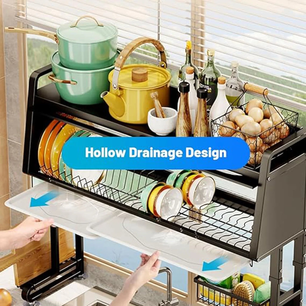 Adjustable 3 Tier Black Dish Drying Rack with Utensil Holder T8612