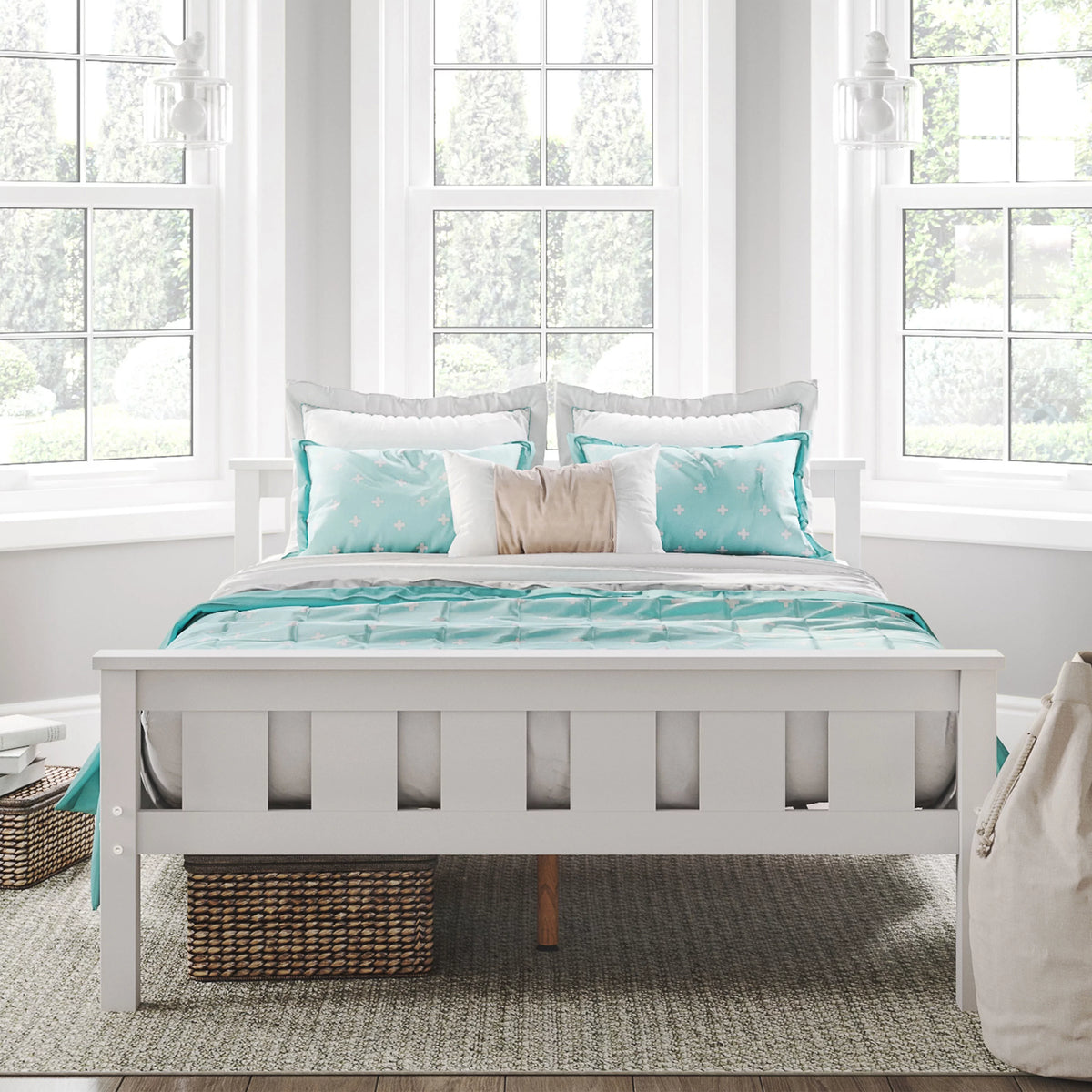 White Full Size Wooden Platform Bed Q450