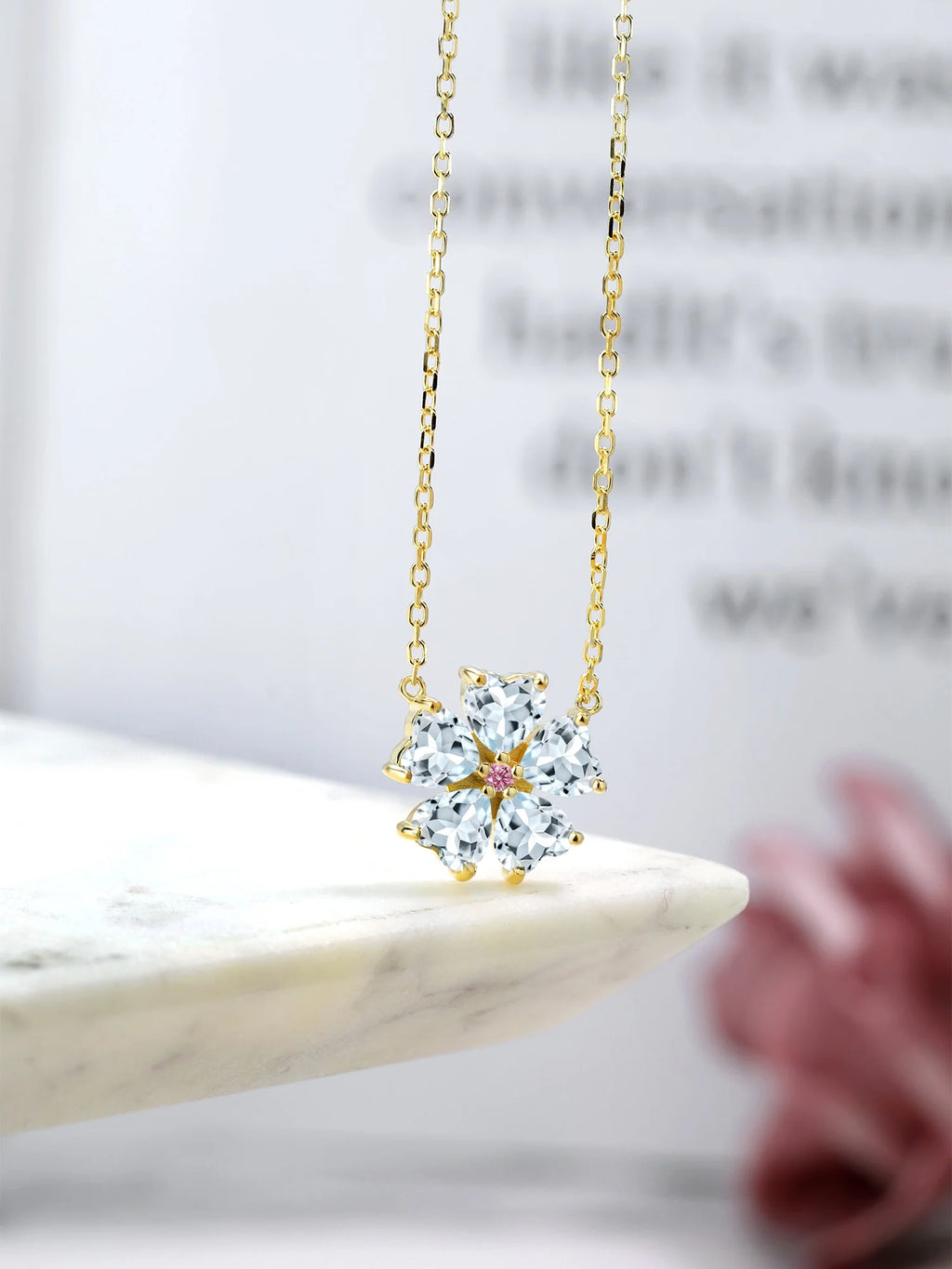 18K Yellow Gold Plated Silver Sky Blue Aquamarine and Pink Lab Grown Diamond Pendant Necklace C228334