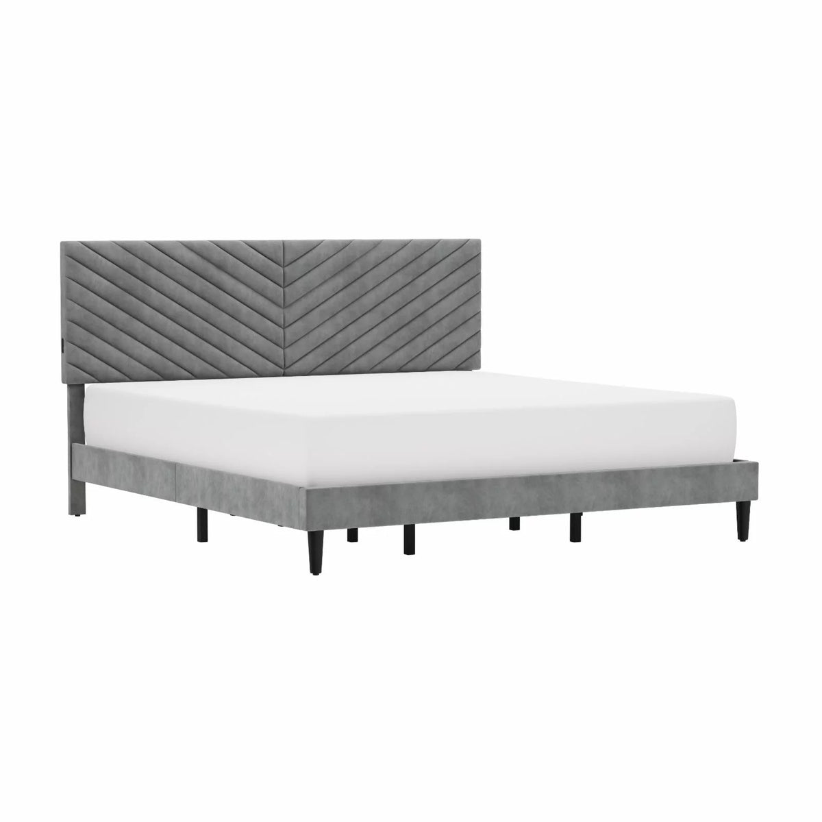 Gray Upholstered Platform King Bed with 2 USB Ports K307529