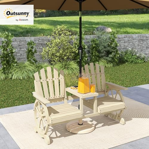 Wooden 2-Seat Garden Bench with Table and Umbrella Hole T2982