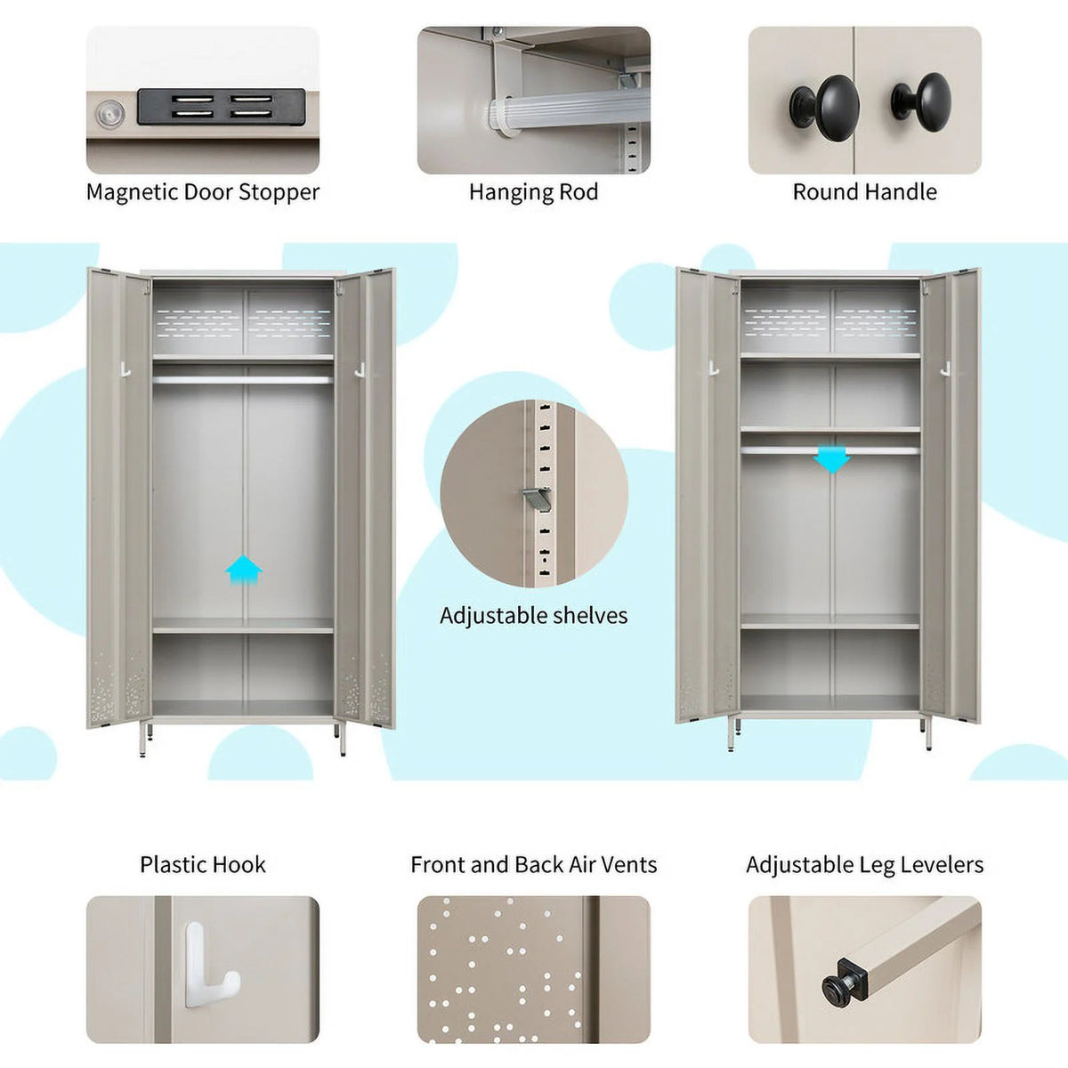 Gray Metal Storage Wardrobe Cabinet with Adjustable Hanging Rod K767