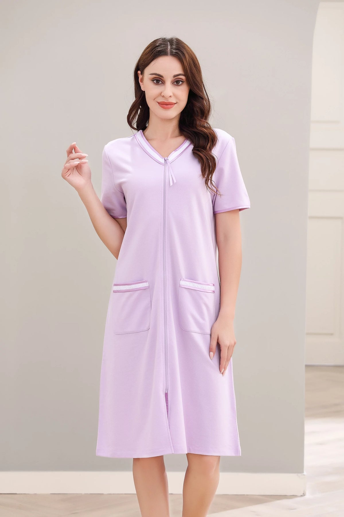 Women Short Sleeve Zipper Robe Q409