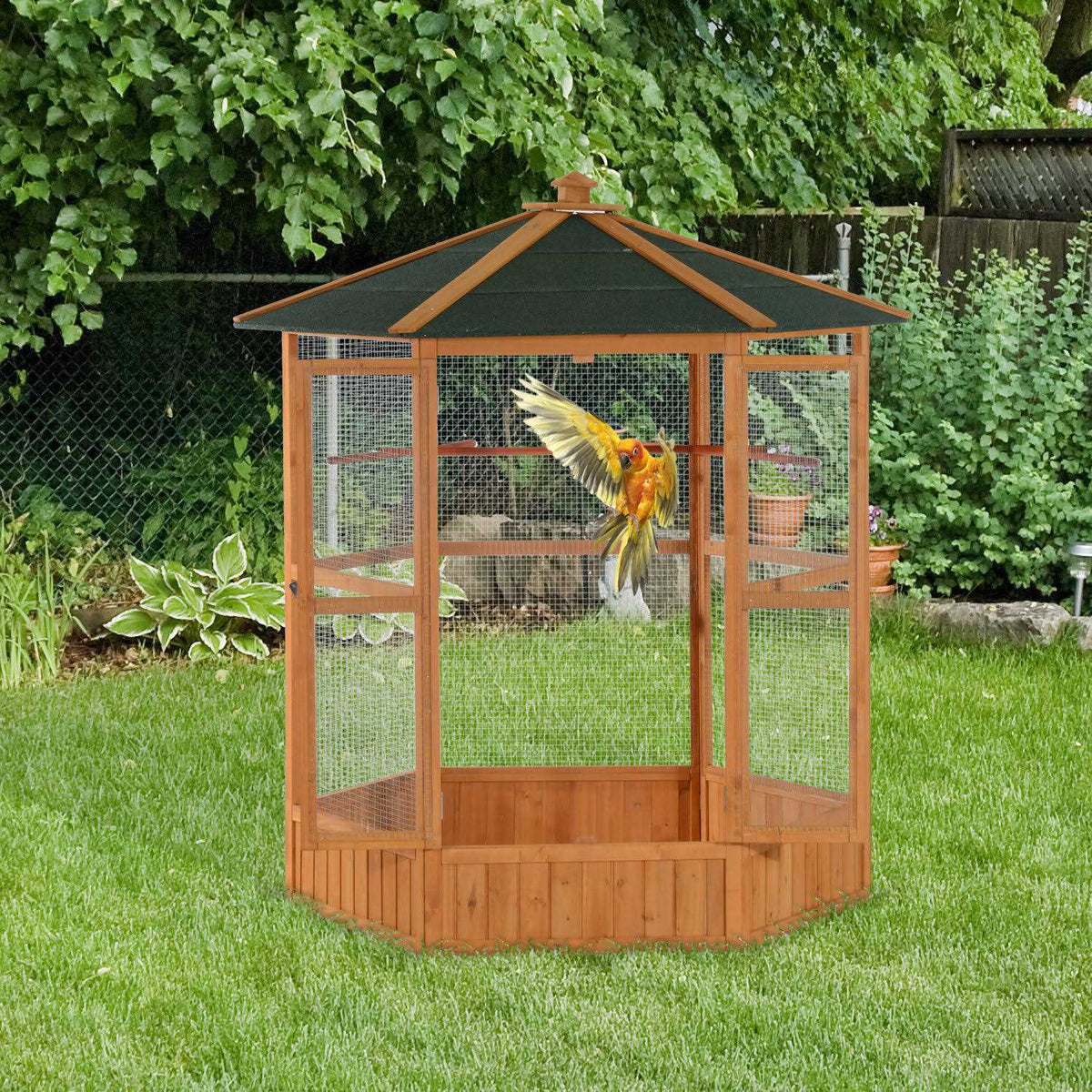 Large Wooden Hexagonal Outdoor Aviary Bird Cage L83218
