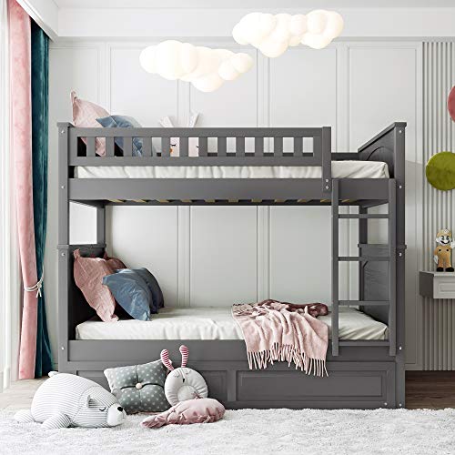 White Twin-Over-Twin Wood Bunk Bed with Trundle and Storage Stairs W536848