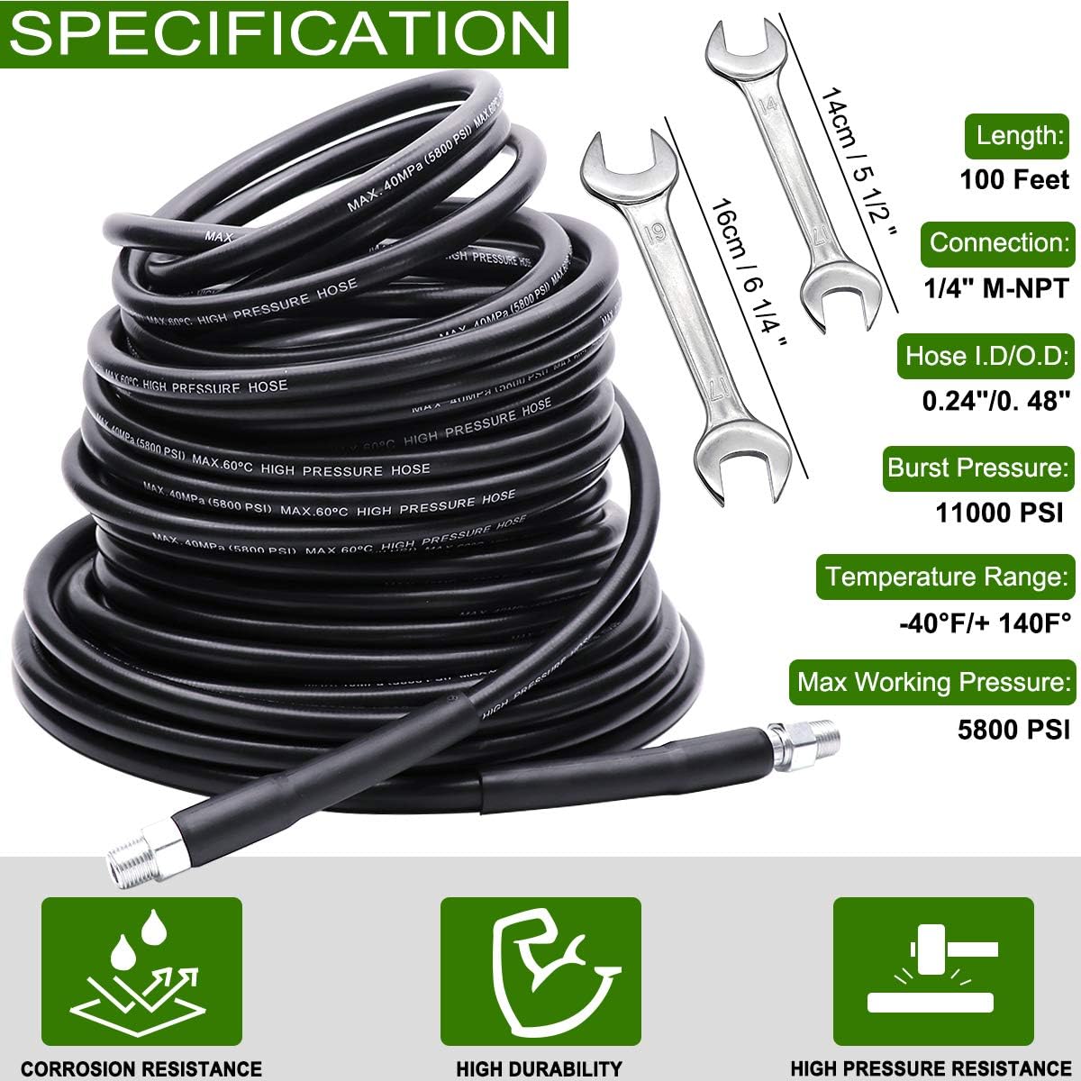 100FT 1/4 Inch NPT 5800PSI Sewer Jetter Kit with Nozzle A1356