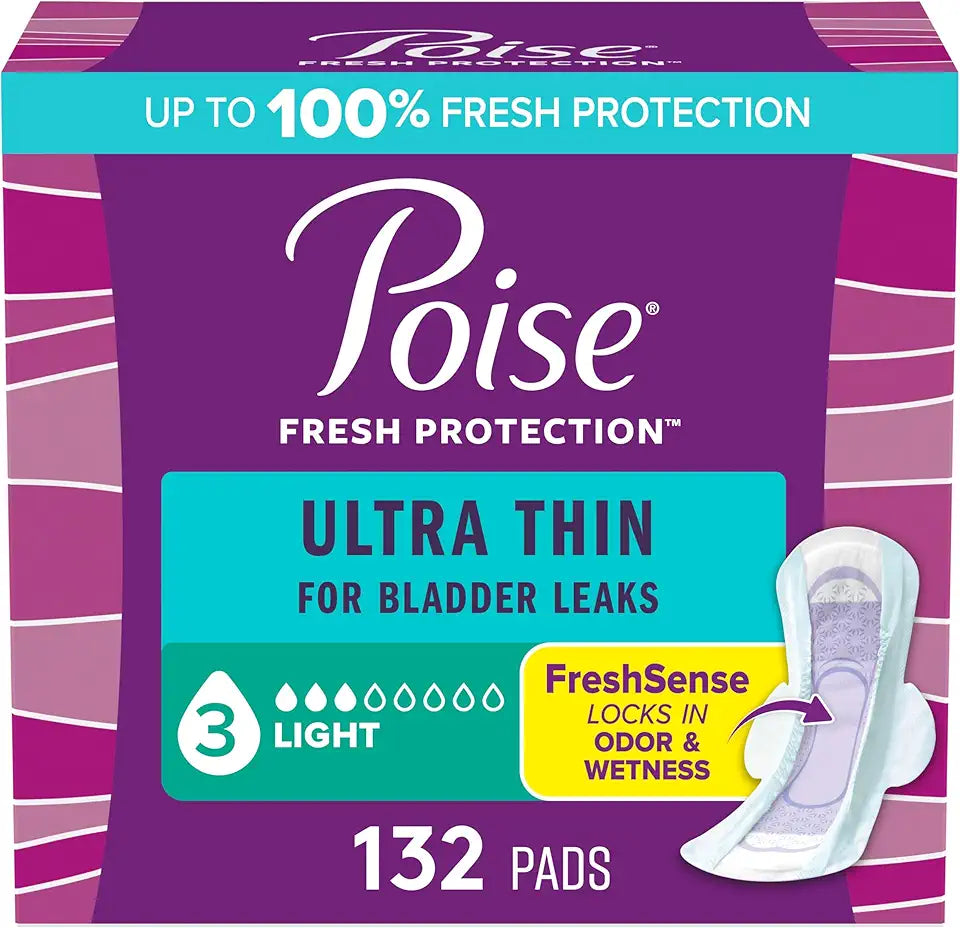 Ultra Thin Incontinence & Postpartum Pads with Wings, 3 Drop Light Absorbency, Regular Length, 132 Count E2590