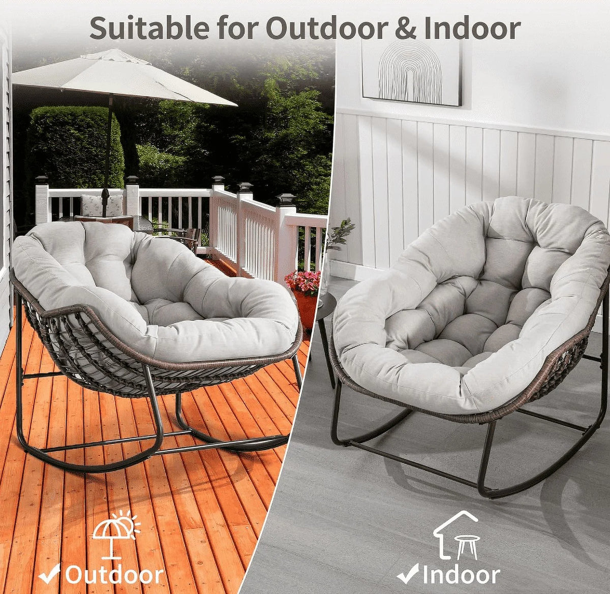 Oversized Papasan Rocking Chair with Padded Cushion N9093