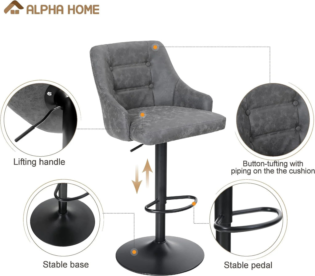 Grey PU Leather Adjustable Swivel Bar Stool with Padded Back and Black Chromed Metal Base A711