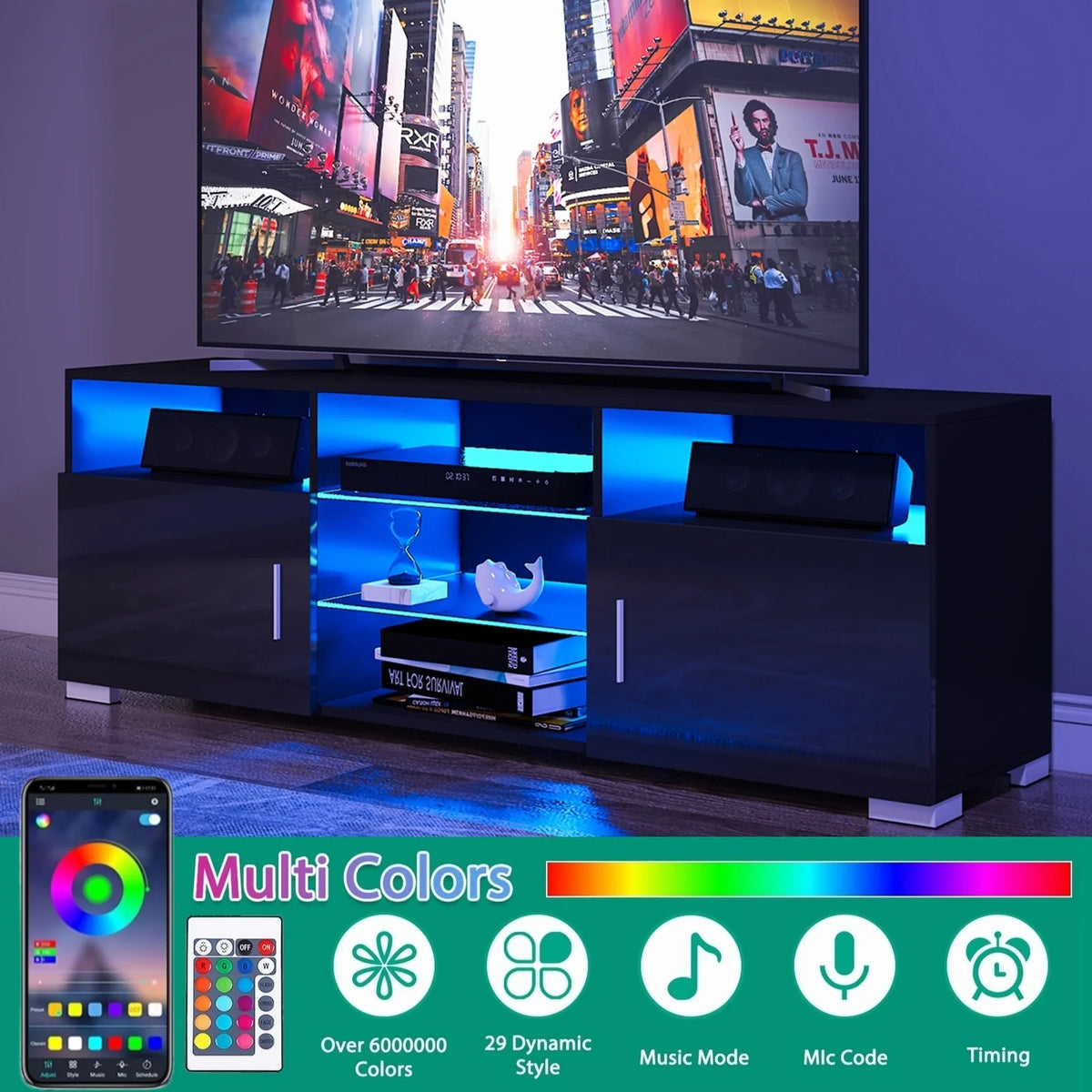 57'' TV Stand with RGB LED Light and Glass Shelves E8966