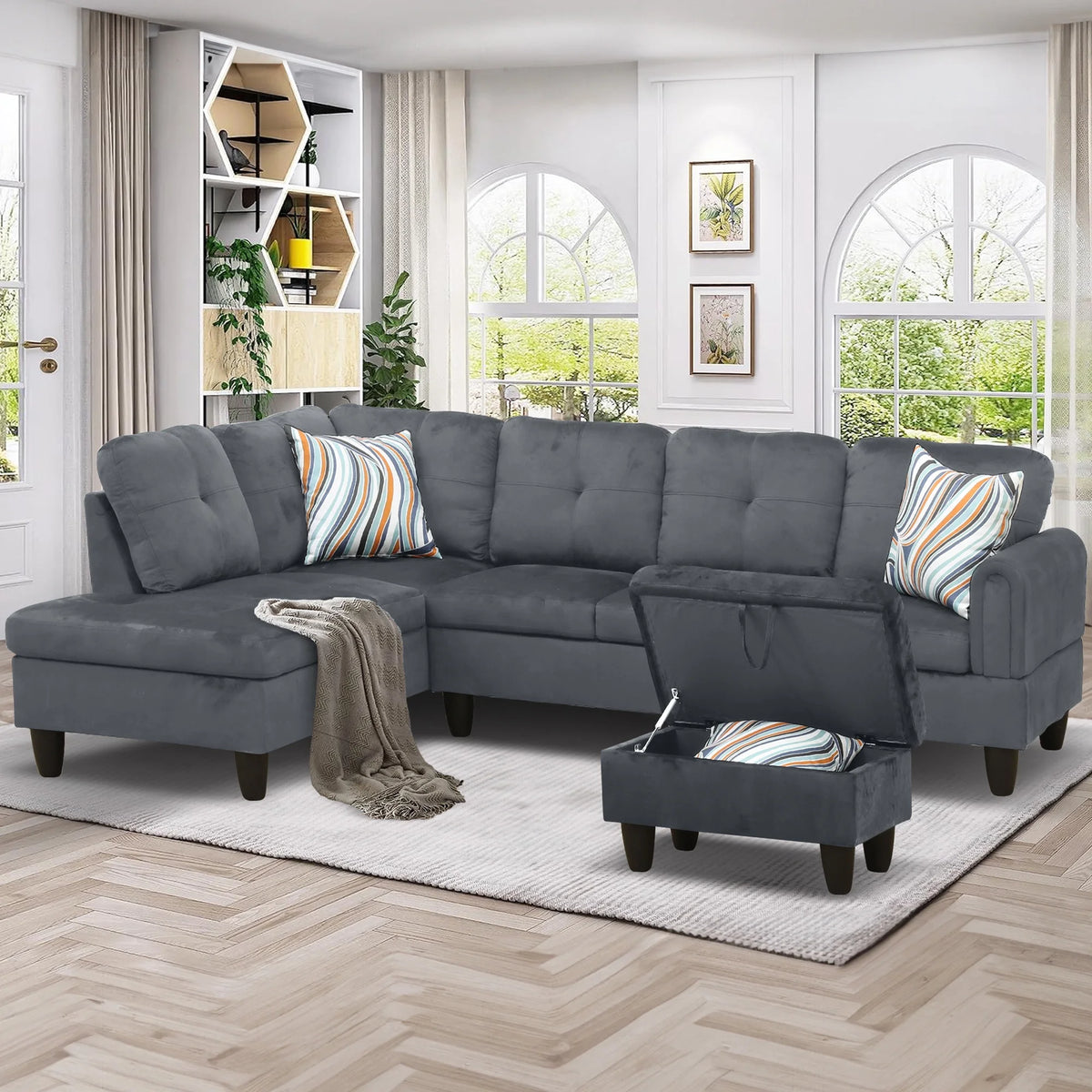 Gray Flannel Sectional Sofa with Storage Ottoman N796496