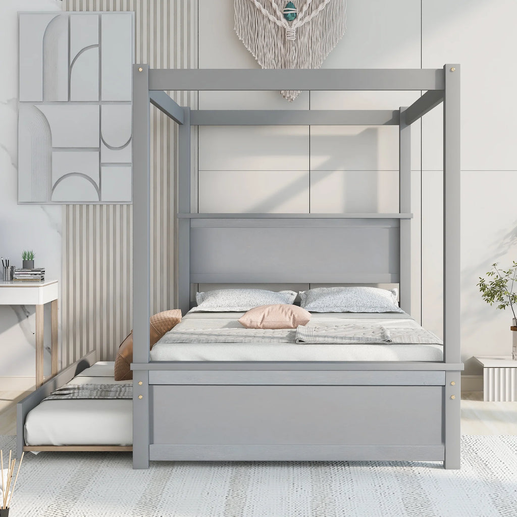 Gray Full Size Wood Canopy Bed with Trundle Bed T315