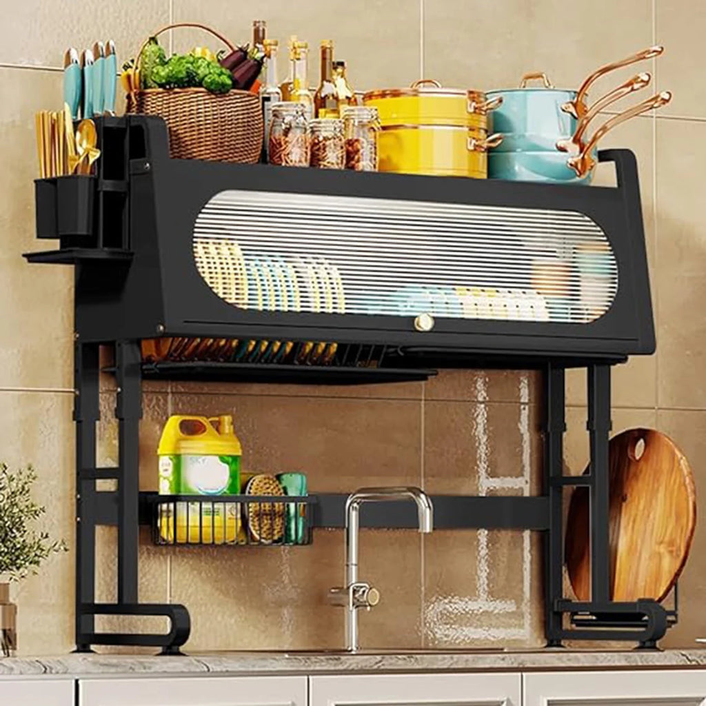 Adjustable 3 Tier Black Dish Drying Rack with Utensil Holder T8612
