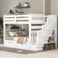 White Full Over Full Wood Bunk Bed with Stairs and Storage Drawers V5455