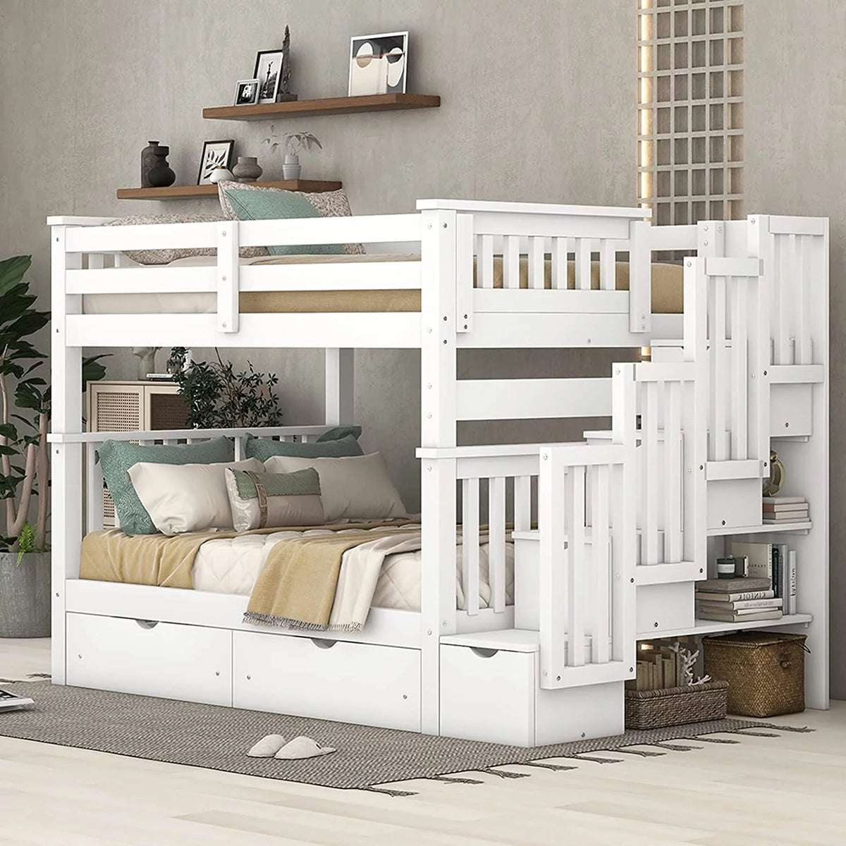 White Full Over Full Wood Bunk Bed with Stairs and Storage Drawers V5455