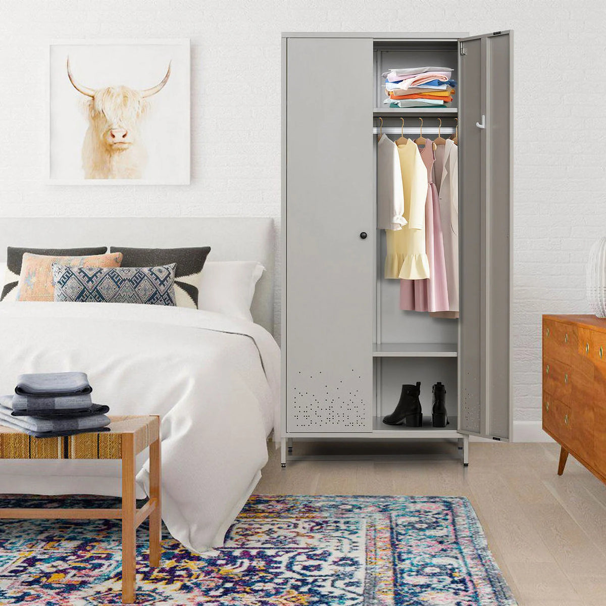 Gray Metal Storage Wardrobe Cabinet with Adjustable Hanging Rod K767