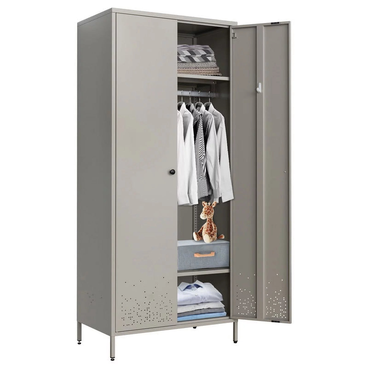 Gray Metal Storage Wardrobe Cabinet with Adjustable Hanging Rod K767