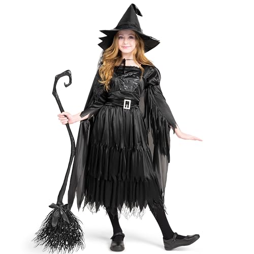Classic Kids Witch Costume Black Witch Dress with Broom and Hat XL X8413