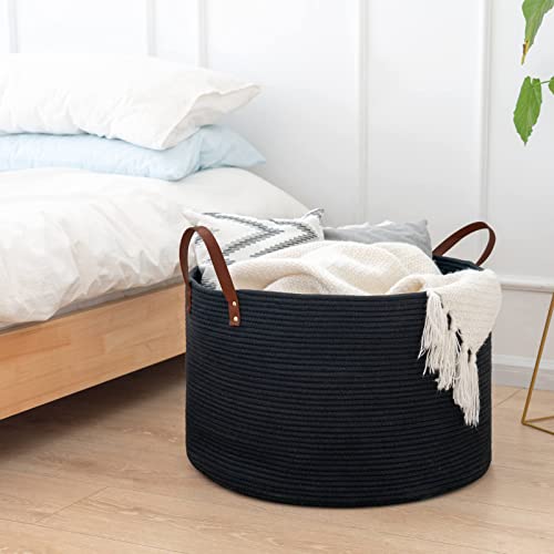 Large Woven Storage Basket with Leather Handles, 22 x 14 inches, Dark Gray S1678