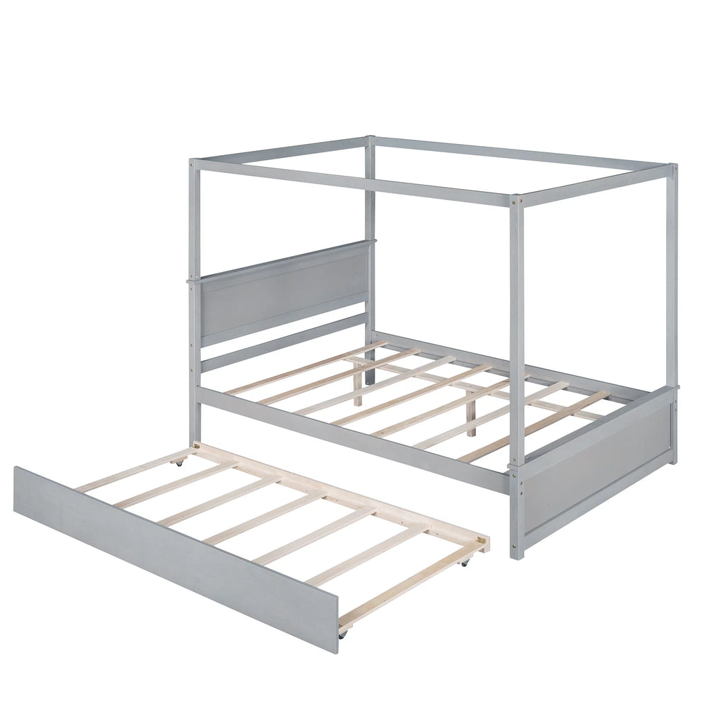 Gray Full Size Wood Canopy Bed with Trundle Bed T315