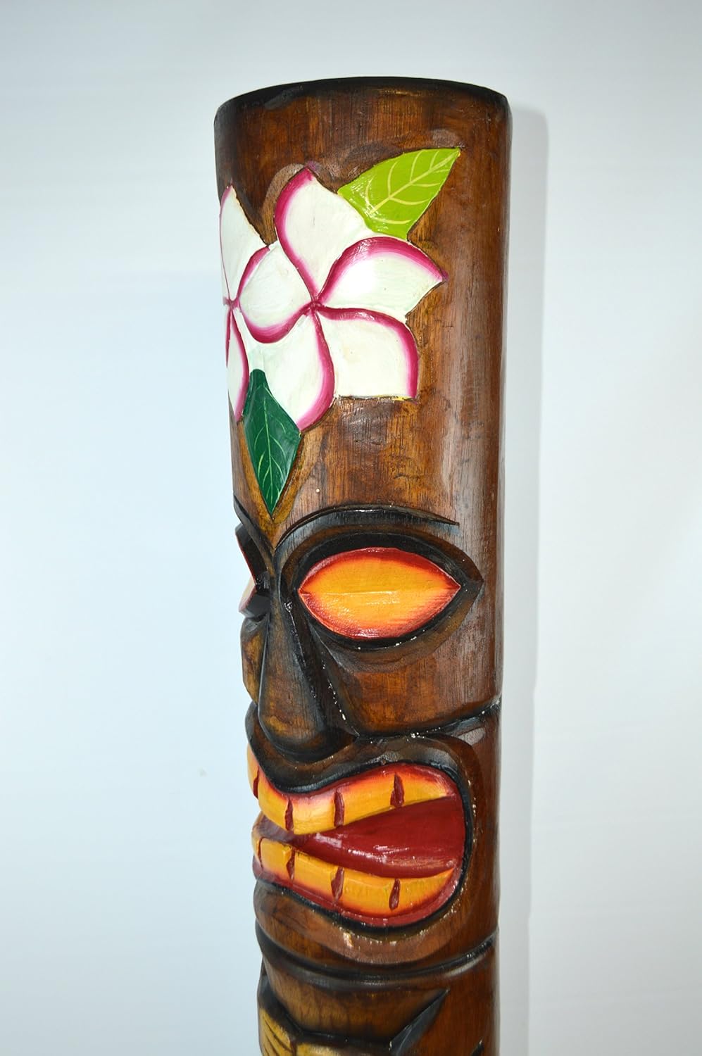 3 FT Hand Carved Wood Hibiscus Plumeria Flower Tiki Totem Pole Statue H641423