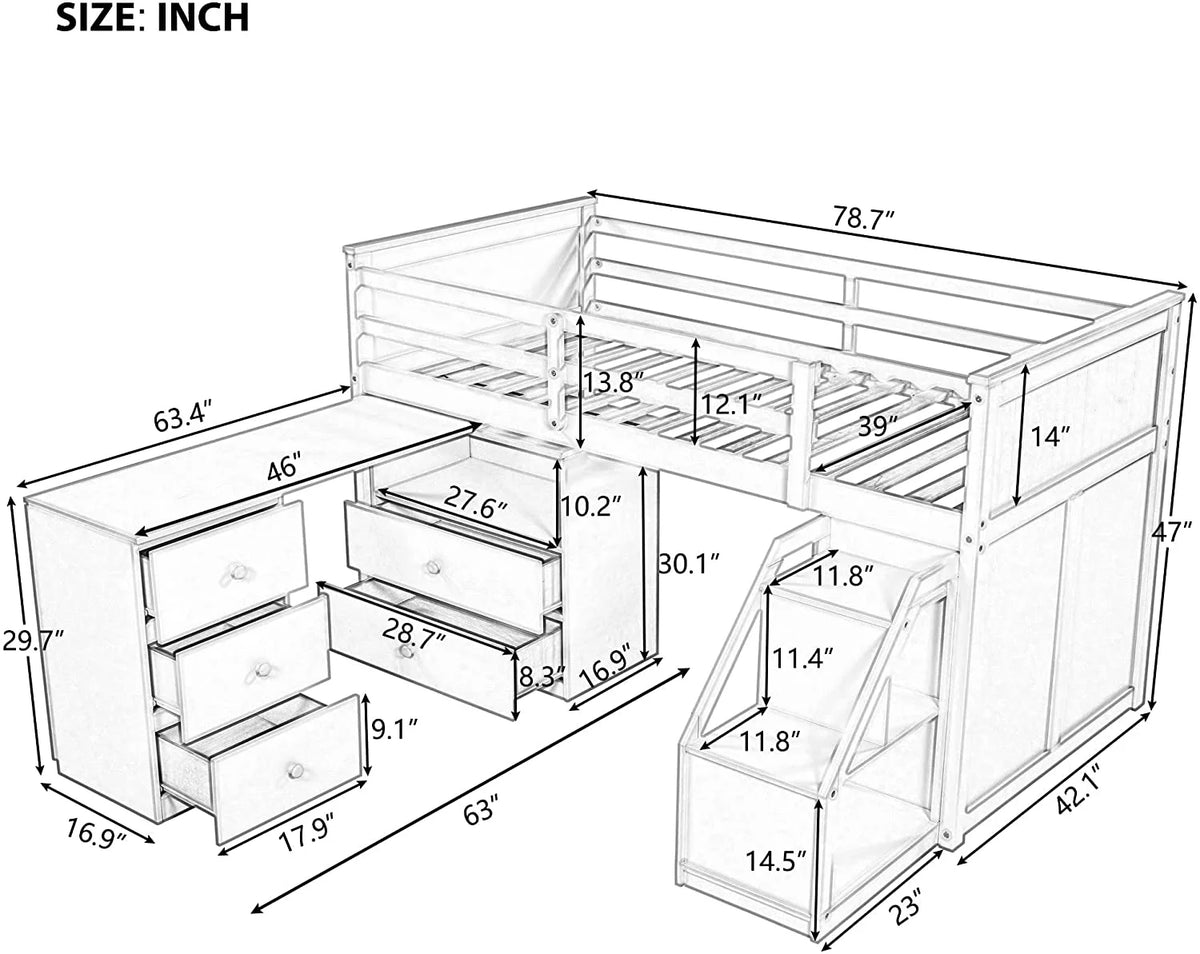 Twin Size Loft Bed with Storage Steps and Desk Q3216