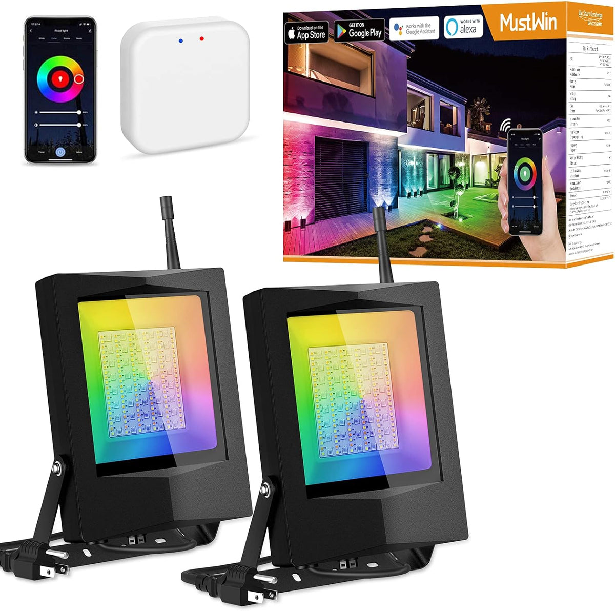 60W RGB LED Flood Lights 2 Pack, IP65 Bluetooth Mesh I81988