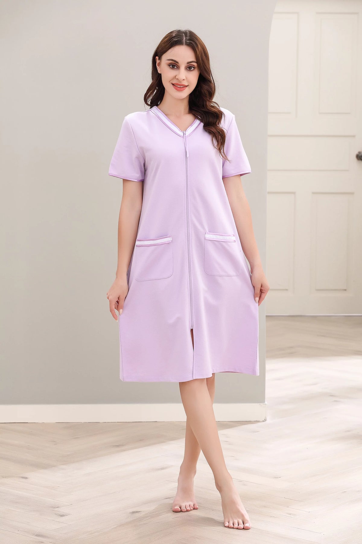 Women Short Sleeve Zipper Robe Q409