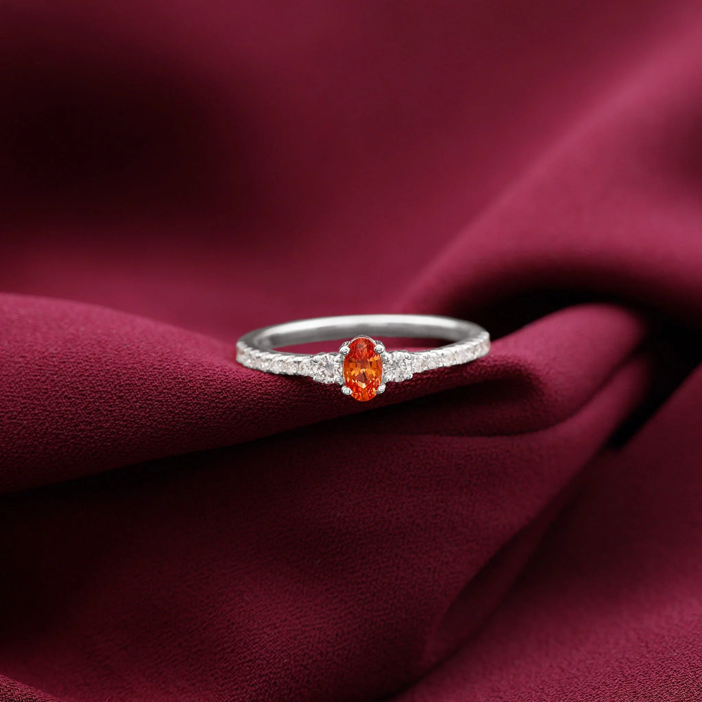 Oval Orange Sapphire Solitaire Ring with Diamond Side Stones, 10K White Gold B428