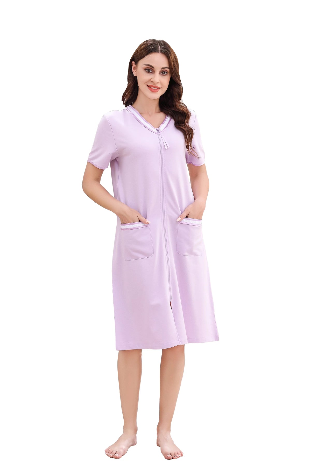 Women Short Sleeve Zipper Robe Q409